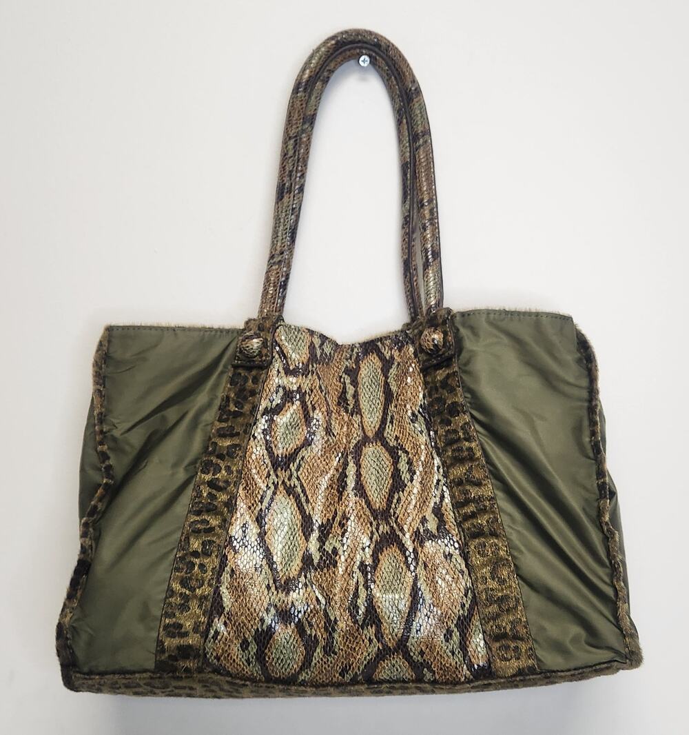 FALCHI BY CARLOS FALCHI Womens Green Snakeskin Leather/Fur Tote Handbag